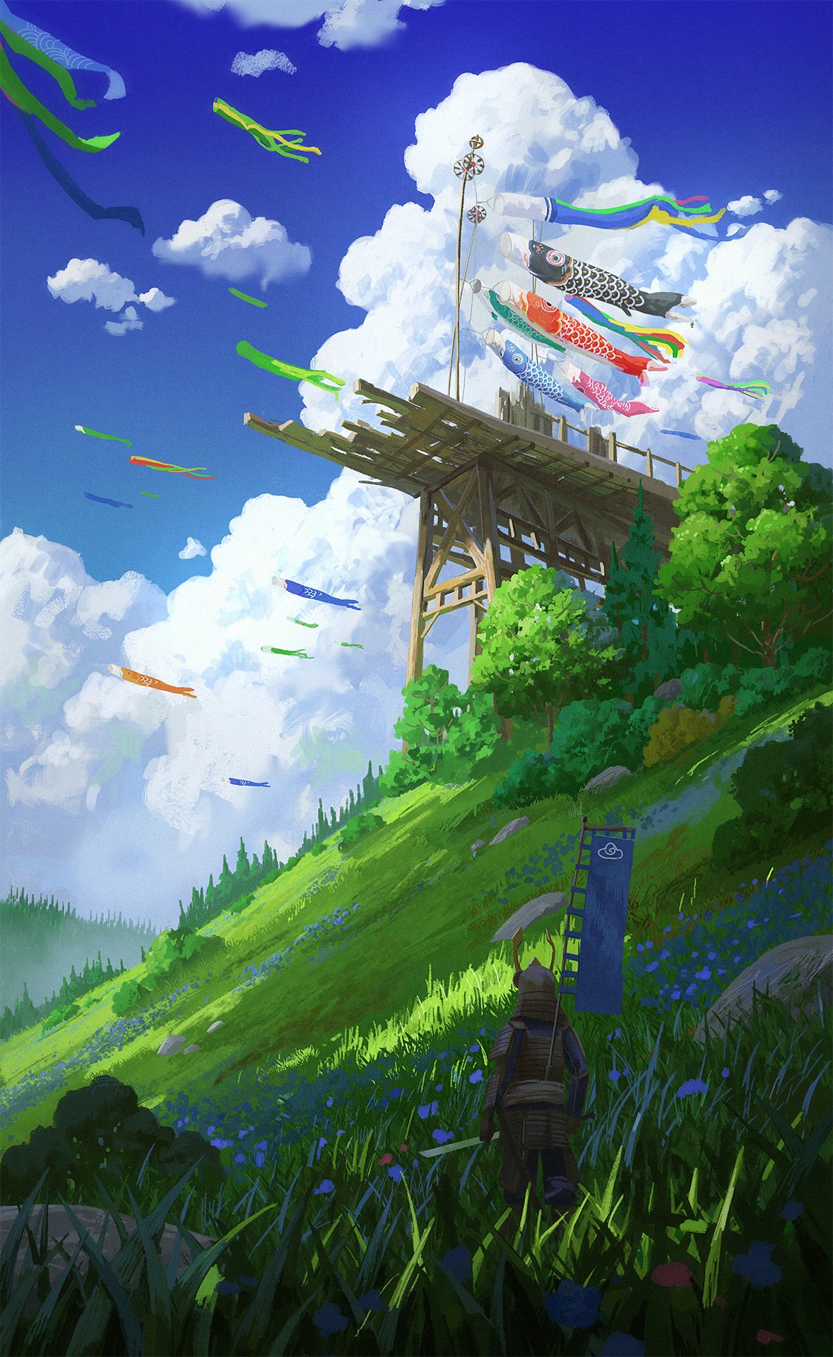 1other armor banner blue_sky bridge bush clouds cloudy_sky cyclecircle day field flag forest from_behind highres hill japanese_armor kite nature original outdoors plant rock ruins samurai scenery sky solo standing tree wide_shot