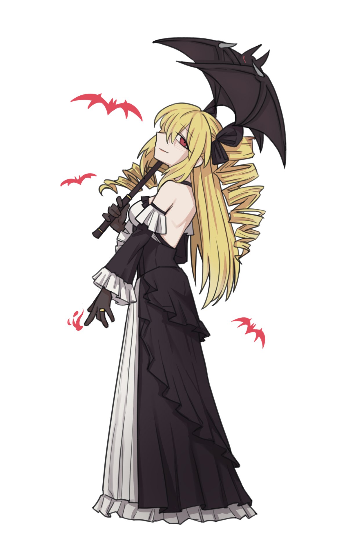 1girl backless_dress backless_outfit bat_(animal) black_dress black_gloves black_souls blonde_hair closed_mouth dress drill_hair elisabeth_(black_souls) full_body gloves highres holding holding_umbrella jewelry long_hair looking_at_viewer rabbit_king red_eyes ring simple_background solo twin_drills two_side_up umbrella white_background