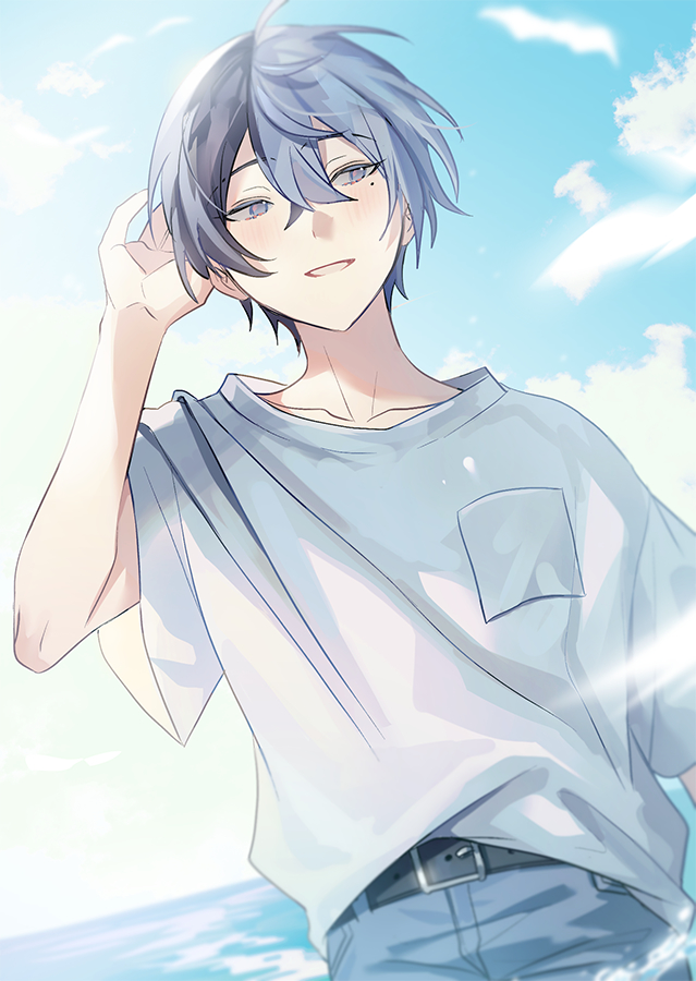 1boy aoyagi_touya averting_eyes belt belt_buckle black_belt blue_eyes blue_hair blue_pants blue_sky buckle casual clouds collarbone commentary crossed_bangs dark_blue_hair day double-parted_bangs dutch_angle gradient_sky hair_between_eyes hand_on_own_head horizon light_blue_hair long_bangs looking_to_the_side male_focus multicolored_hair ocean outdoors pants parted_lips pocket project_sekai sal shirt short_hair short_sleeves sidelighting sky solo split-color_hair t-shirt tsurime two-tone_hair upper_body water white_shirt white_sky