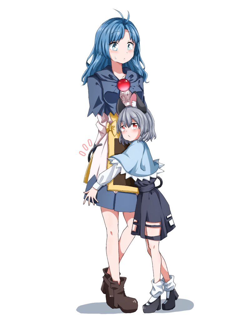 2girls animal_ears antenna_hair black_dress black_footwear blue_capelet blue_eyes blue_hair capelet closed_mouth commentary dress full_body grey_hair kayano_(kyn_soto) kesa kumoi_ichirin long_hair looking_at_viewer mouse_ears mouse_girl mouse_tail multiple_girls nazrin red_eyes short_hair simple_background socks standing sweatdrop tail touhou white_background white_socks