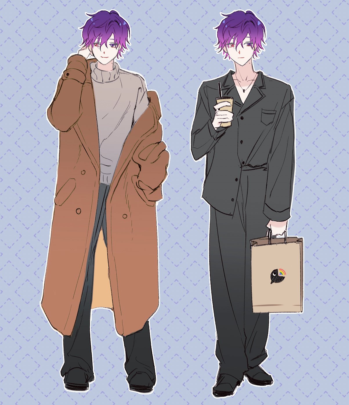 1boy bag black_footwear black_pajamas black_pants black_shirt breast_pocket brown_coat buttons closed_mouth coat collared_shirt commentary crossed_bangs cup disposable_cup drinking_straw english_commentary full_body gradient_hair grey_background grey_sweater hair_between_eyes hand_in_pocket hand_up heterochromia highres holding holding_bag holding_cup jewelry long_sleeves looking_at_viewer looking_to_the_side male_focus mole mole_on_neck multicolored_hair multiple_views necklace nijisanji nijisanji_en off_shoulder open_clothes open_coat outline pajamas pants paper_bag parted_bangs pink_eyes pocket purple_hair shirt shirt_partially_tucked_in shoes short_hair sideways_glance simple_background smile sweater turtleneck turtleneck_sweater uki_violeta violet_eyes virtual_youtuber white_outline yongcheol