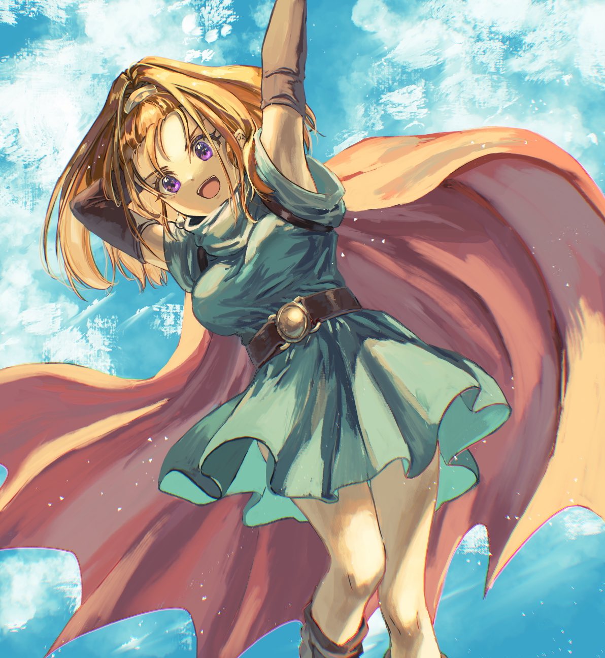 1girl arm_behind_head arm_up barbara_(dq6) bare_legs belt black_gloves blue_dress blue_sky breasts brown_socks cape clouds cloudy_sky commentary_request day dragon_quest dragon_quest_vi dress earrings elbow_gloves foot_out_of_frame gloves high_ponytail highres jewelry large_breasts long_hair looking_at_viewer macho_ojiji open_mouth orange_hair red_cape short_sleeves sky socks solo teeth upper_teeth_only violet_eyes