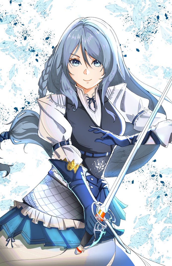1girl blue_eyes blue_vest braid fighting_stance final_fantasy final_fantasy_xvi gloves grey_hair ice ice_shard jill_warrick long_braid long_hair looking_at_viewer low-tied_long_hair nyuusai puffy_sleeves rapier side_braid smile snowflakes solo square_enix standing sword upper_body vest weapon white_background