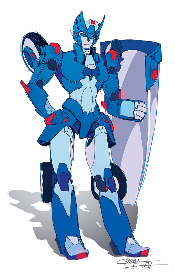 1girl armor blue_eyes blue_panties breasts chromia humanoid_robot medium_breasts official_art panties riot_shield robot sarah_stone shield shoulder_armor solo the_transformers_(idw) thighs transformers underwear wheel white_background