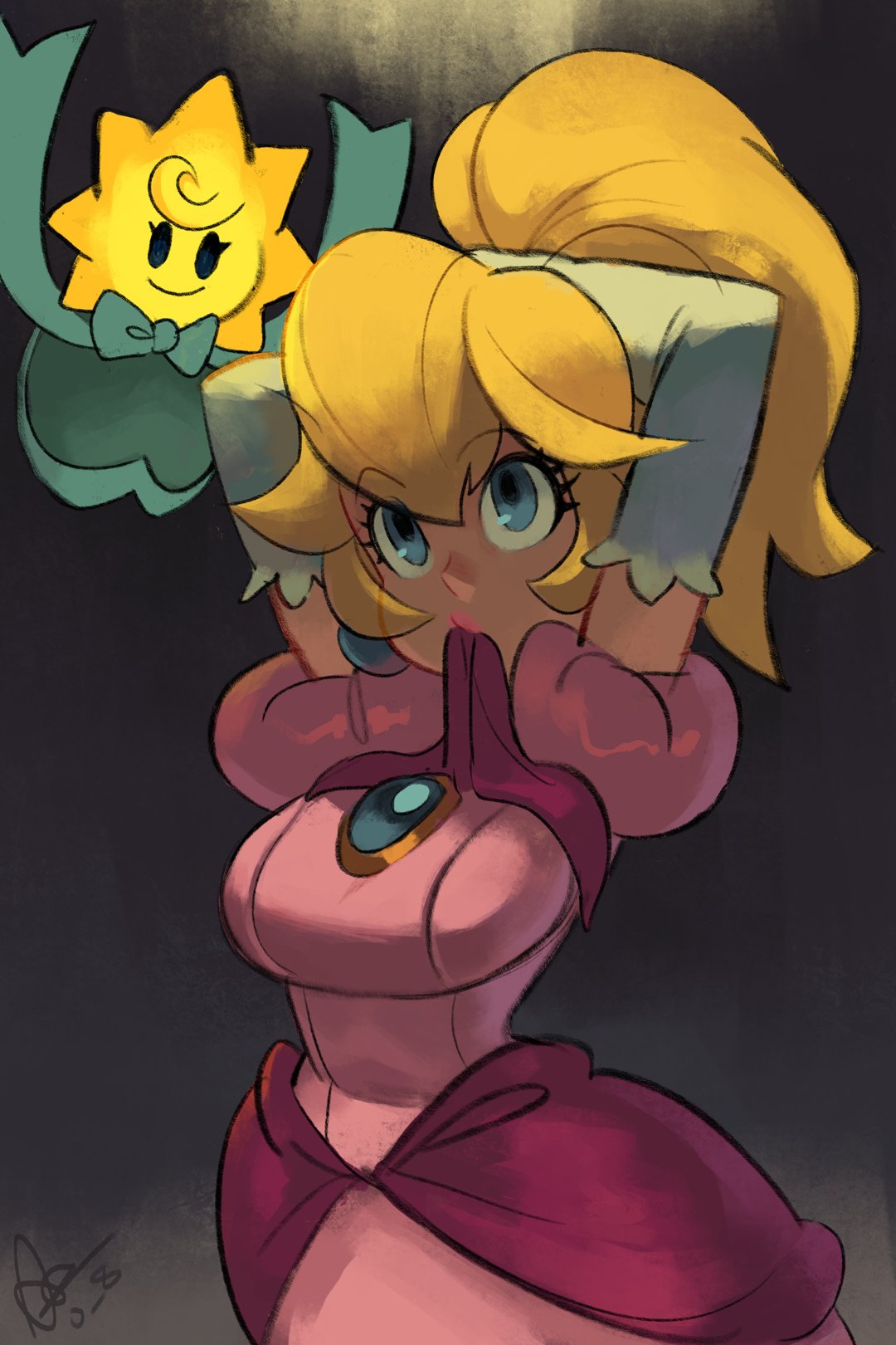 1girl adjusting_hair alex_ahad blonde_hair blue_eyes breasts dress earrings elbow_gloves english_commentary gloves hair_up highres jewelry large_breasts long_hair mouth_hold official_alternate_costume official_alternate_hairstyle pink_dress ponytail princess_peach super_mario_bros. tying_hair white_gloves