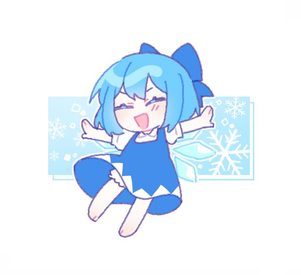 1girl barefoot bloomers blue_bow blue_dress blue_hair bow cirno closed_eyes commentary detached_wings dress facing_viewer full_body hair_bow ice ice_wings open_mouth outstretched_arms short_hair short_sleeves snowflakes solo toichou_butterfly touhou underwear wings