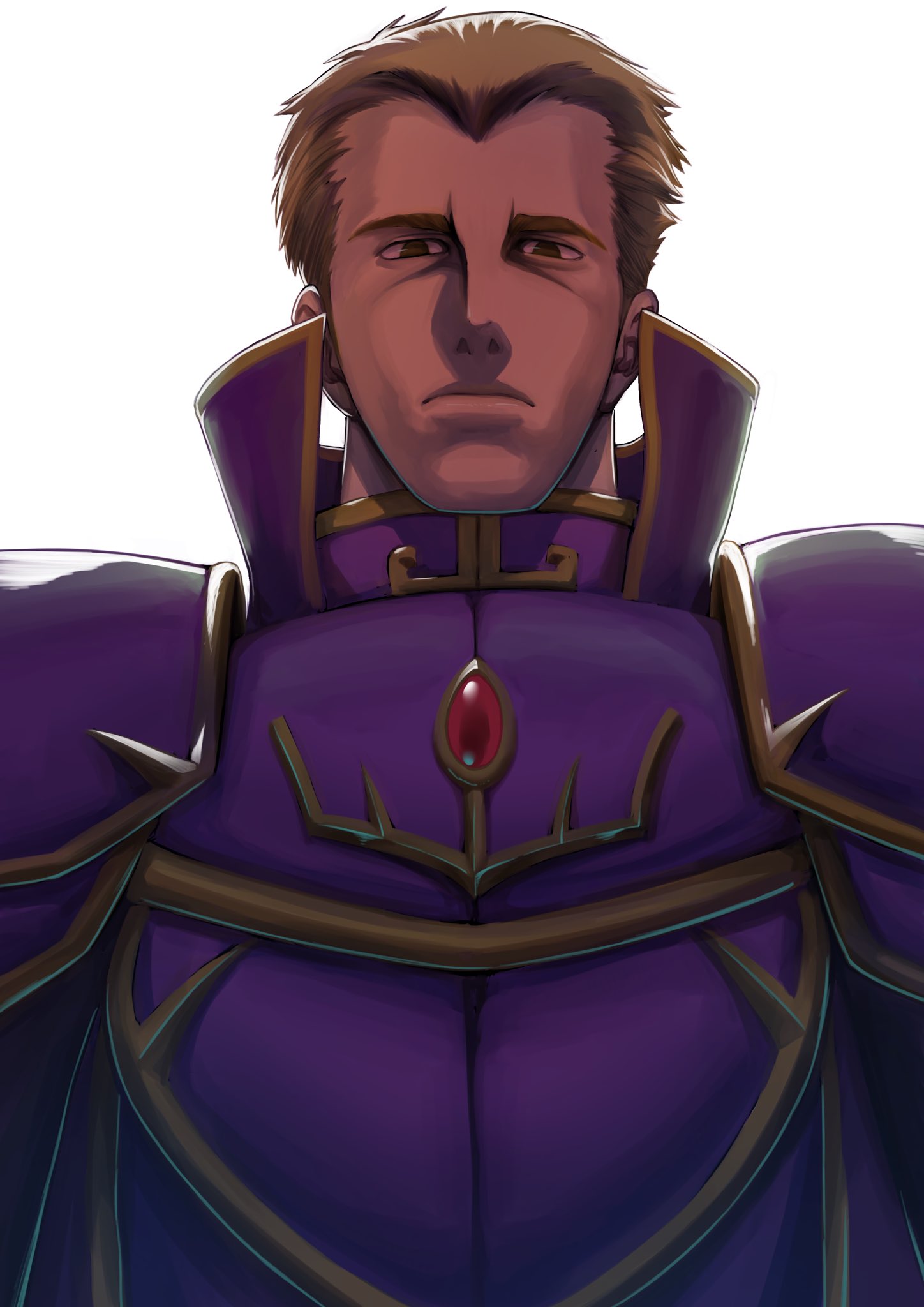 1boy aduti_momoyama armor black_cape black_eyes blonde_hair breastplate brooch cape fire_emblem fire_emblem:_the_binding_blade frown highres jewelry looking_at_viewer male_focus murdock_(fire_emblem) purple_armor red_brooch short_hair simple_background