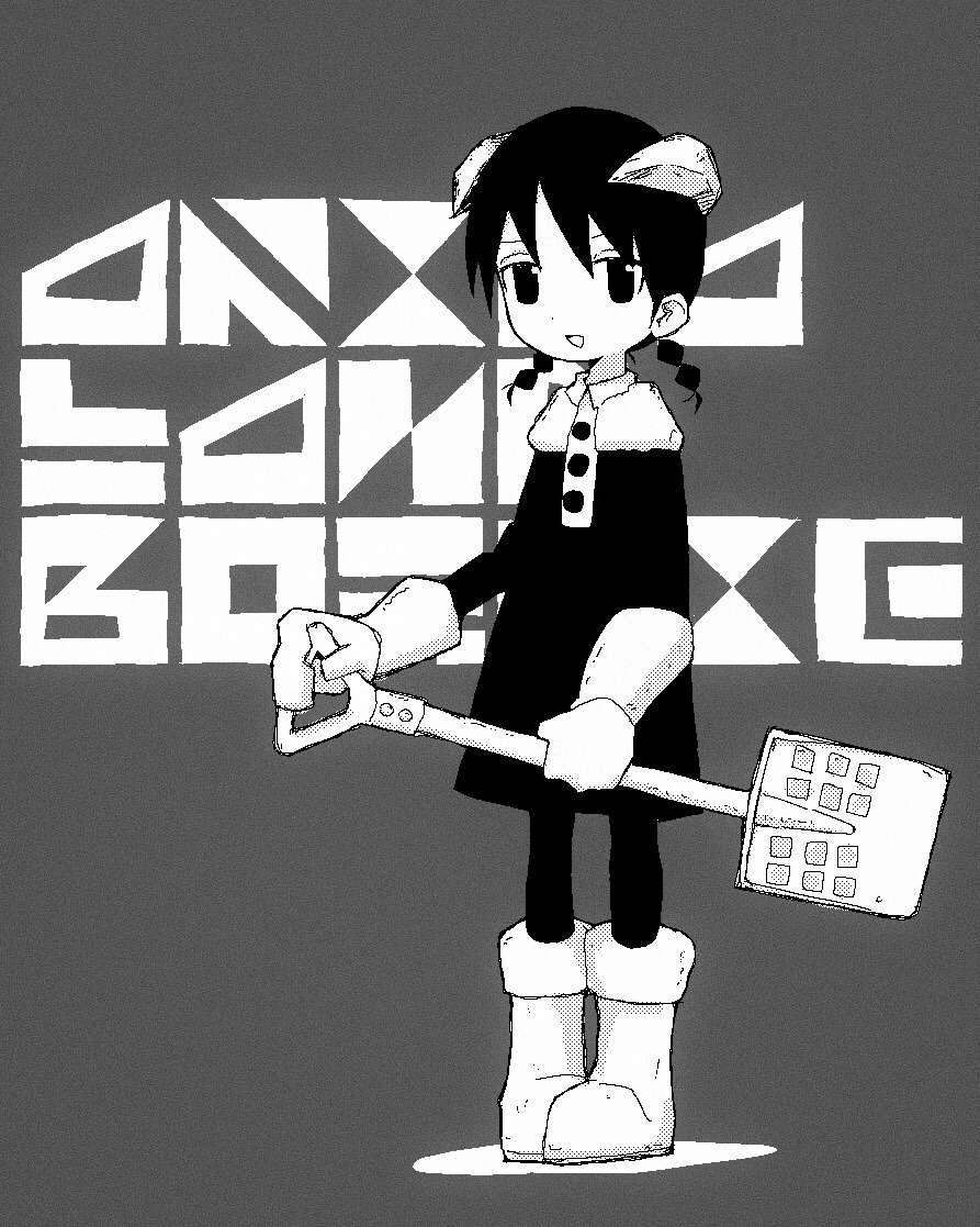 1girl akita_(akitaland_gothic) akitaland_gothic braid buttons collared_dress commentary_request copyright_name dress full_body greyscale half-closed_eyes holding holding_shovel horns jaggy_lines long_sleeves miniskirt monochrome open_mouth screentones short_hair shovel skirt sleeve_cuffs smile snow_boots snow_shovel solo standing text_background twin_braids two-handed yamanosinden