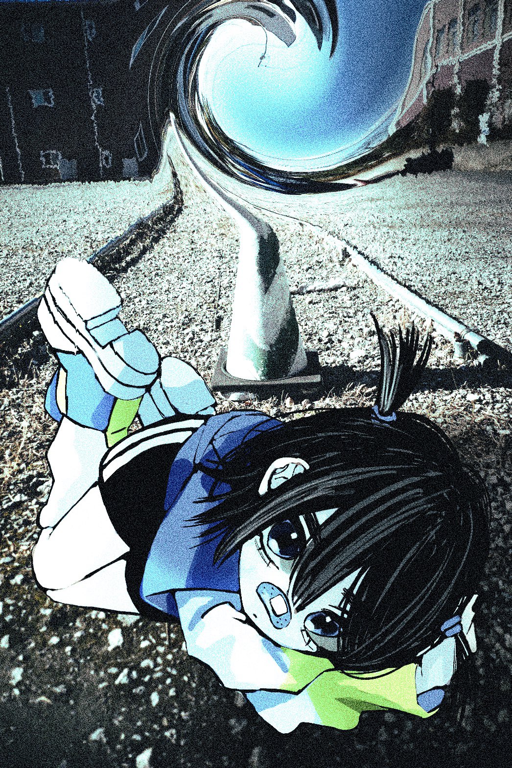 1girl bandaid bandaid_on_face bandaid_on_nose black_eyes black_hair black_shorts blue_footwear blue_shirt closed_mouth collaboration commentary_request day distortion double_vertical_stripe film_grain full_body hair_between_eyes highres kneehighs layered_sleeves long_bangs long_sleeves looking_at_viewer loose_socks lying mixed_media on_side original outdoors pale_skin photo_background shirt shoes short_hair short_over_long_sleeves short_sleeves shorts sneakers socks solo suz_(gosenfu_umai) two_side_up urokogaran white_shirt white_socks