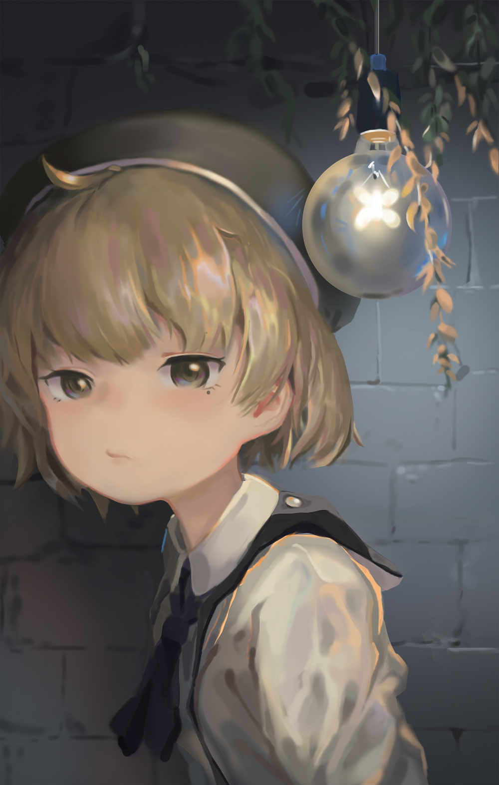 1girl ahoge arms_at_sides beret black_headwear black_neckerchief brick_wall brown_eyes closed_mouth collared_shirt commentary_request expressionless from_side half-closed_eyes hanging_light hat hatoba_tsugu highres light_brown_hair light_bulb long_sleeves looking_at_viewer looking_to_the_side mole mole_under_eye neckerchief plant shirt short_hair solo tsugu_(vtuber) upper_body vines virtual_youtuber wwy_138
