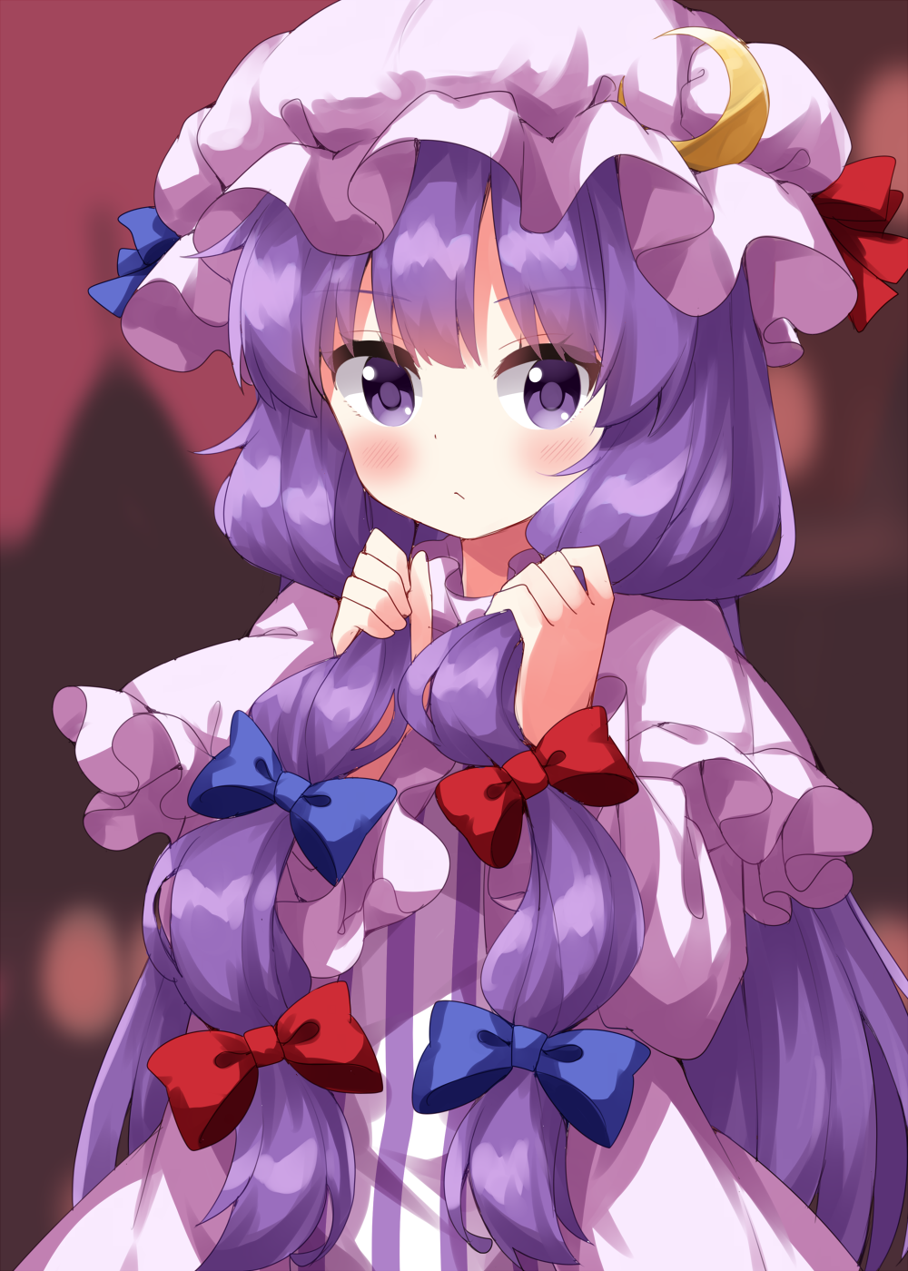 1girl :/ blush bunching_hair capelet commentary_request crescent crescent_hat_ornament dress hands_up hat hat_ornament highres long_hair looking_at_viewer mob_cap patchouli_knowledge purple_background purple_dress purple_hair ruu_(tksymkw) simple_background solo striped touhou upper_body vertical_stripes very_long_hair violet_eyes