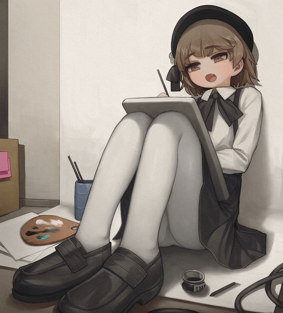 1girl backdrop beret black_headwear black_ribbon black_skirt blush brown_eyes brown_hair canvas_(object) collared_shirt commentary_request fang full_body hair_ribbon half-closed_eyes hand_up hat hatoba_tsugu holding holding_paintbrush indoors inkwell knees_up korean_commentary loafers long_sleeves looking_at_viewer mole mole_under_eye neck_ribbon open_mouth paintbrush painting_(action) palette_(object) panties panties_under_pantyhose pantyhose pantyshot paper pen rabbit_(wlsdnjs950) raised_eyebrows ribbon shirt shoes sitting skirt solo suspender_skirt suspenders tsugu_(vtuber) underwear virtual_youtuber white_pantyhose white_shirt