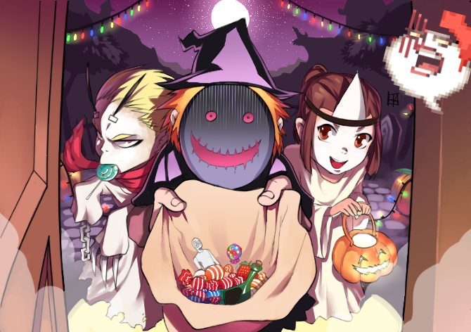 1girl 2boys black_headwear blonde_hair brown_eyes brown_hair candy chain claws commentary cowboy_shot disguise_(ragnarok_online) dress english_commentary food food_in_mouth full_moon glaring halloween halloween_bucket hamatsu hat jack-o'-lantern lollipop looking_at_viewer lude_(ragnarok_online) mask masked moon multiple_boys open_mouth personification purple_sky quve_(ragnarok_online) ragnarok_online red_eyes red_scarf scarf short_hair sky smile star_(sky) starry_sky triangular_headpiece trick-or-treating white_dress witch_hat wrapped_candy