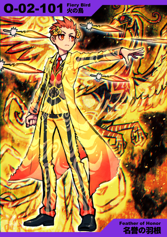1boy attack beak bird black_background black_footwear check_gender clenched_hand closed_mouth coat collared_coat collared_jacket collared_shirt commentary_request denim e.g.o_(project_moon) employee_(lobotomy_corporation) feathers fire firebird_(lobotomy_corporation) frown full_body gradient_clothes hair_pulled_back half-closed_eyes jacket jeans lobotomy_corporation long_sleeves looking_ahead meimaru_inuchiyo necktie numbered orange_eyes orange_hair outstretched_arm pants partial_commentary phoenix project_moon red_coat red_eyes red_jacket red_necktie red_pants shirt shoes short_hair skeleton_print solid_eyes spiky_hair v-shaped_eyebrows white_shirt yellow_coat yellow_jacket yellow_pants