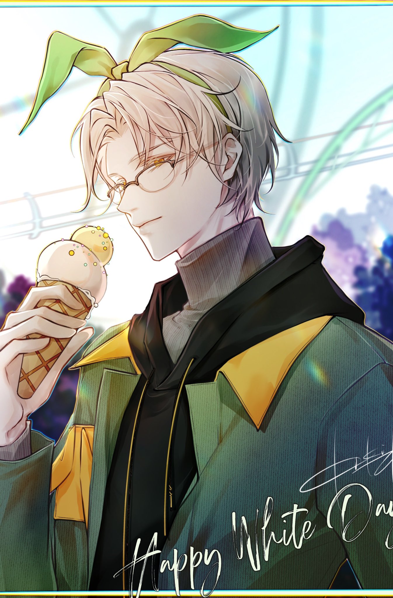 1boy animal_ears brown_sweater closed_mouth coat fake_animal_ears food glasses green_coat headband highres holding holding_food holding_ice_cream kikizhouu long_sleeves looking_at_viewer male_focus rabbit_ears short_hair solo sweater tears_of_themis turtleneck turtleneck_sweater upper_body vyn_richter_(tears_of_themis) white_hair yellow_eyes