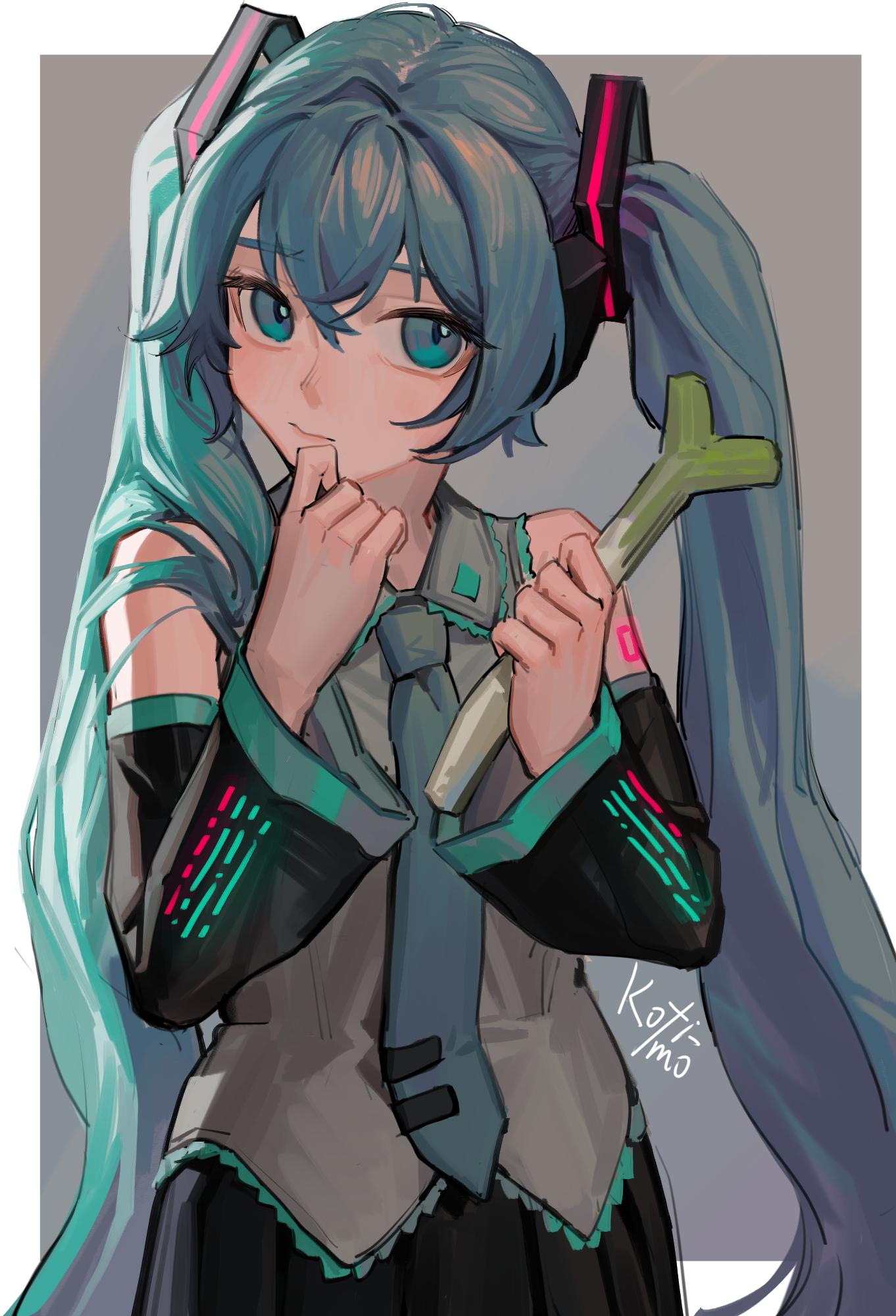 1girl artist_name bare_arms black_skirt black_sleeves border closed_mouth collared_shirt detached_sleeves finger_to_own_chin food green_eyes green_hair green_necktie grey_background grey_shirt hair_ornament hands_up hatsune_miku highres holding holding_food holding_spring_onion holding_vegetable kofi-mo long_hair long_sleeves looking_to_the_side necktie outside_border pleated_skirt shirt shoulder_tattoo signature skirt sleeveless sleeveless_shirt solo spring_onion tattoo twintails upper_body vegetable very_long_hair vocaloid white_border