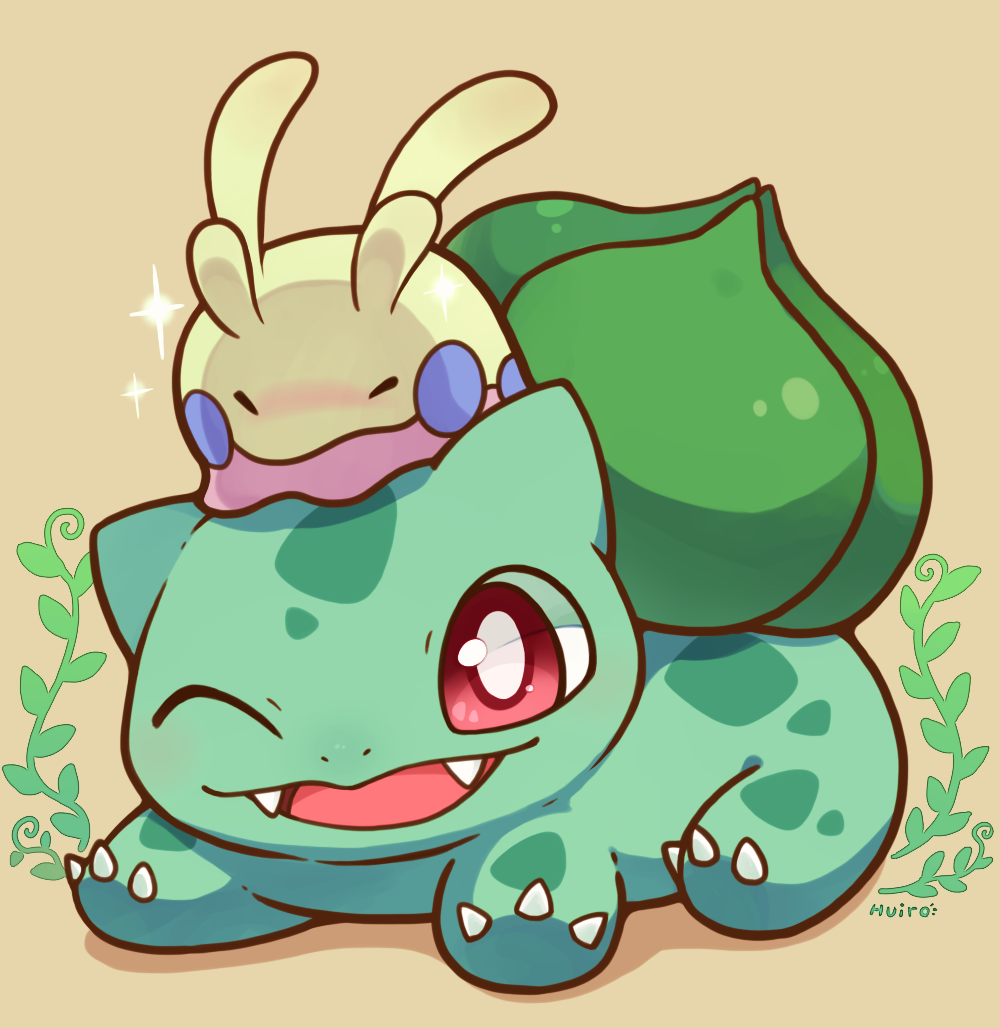 alternate_color animal_focus blush bright_pupils bulbasaur claws closed_eyes fangs goomy huiro light_brown_background no_humans one_eye_closed open_mouth plant pokemon pokemon_(creature) red_eyes shiny_pokemon white_pupils