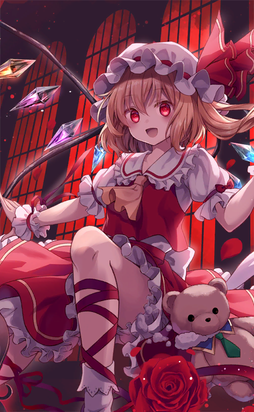 1girl ascot back_bow blonde_hair bow broken_toy collared_shirt crystal crystal_wings flandre_scarlet flower frilled_cuffs frilled_hat frilled_shirt_collar frilled_skirt frilled_sleeves frills hat hat_ribbon indoors kure~pu leg_ribbon mob_cap official_art one_side_up open_mouth petals puffy_short_sleeves puffy_sleeves red_bow red_eyes red_flower red_ribbon red_rose red_skirt red_sky red_trim red_vest ribbon ribbon-trimmed_headwear ribbon_trim rose scarlet_devil_mansion shirt short_sleeves side_ponytail sitting skirt skirt_set sky sleeve_bow smile socks stuffed_animal stuffed_toy teddy_bear touhou touhou_cannonball vest white_bow white_headwear white_shirt white_socks white_wrist_cuffs window yellow_ascot