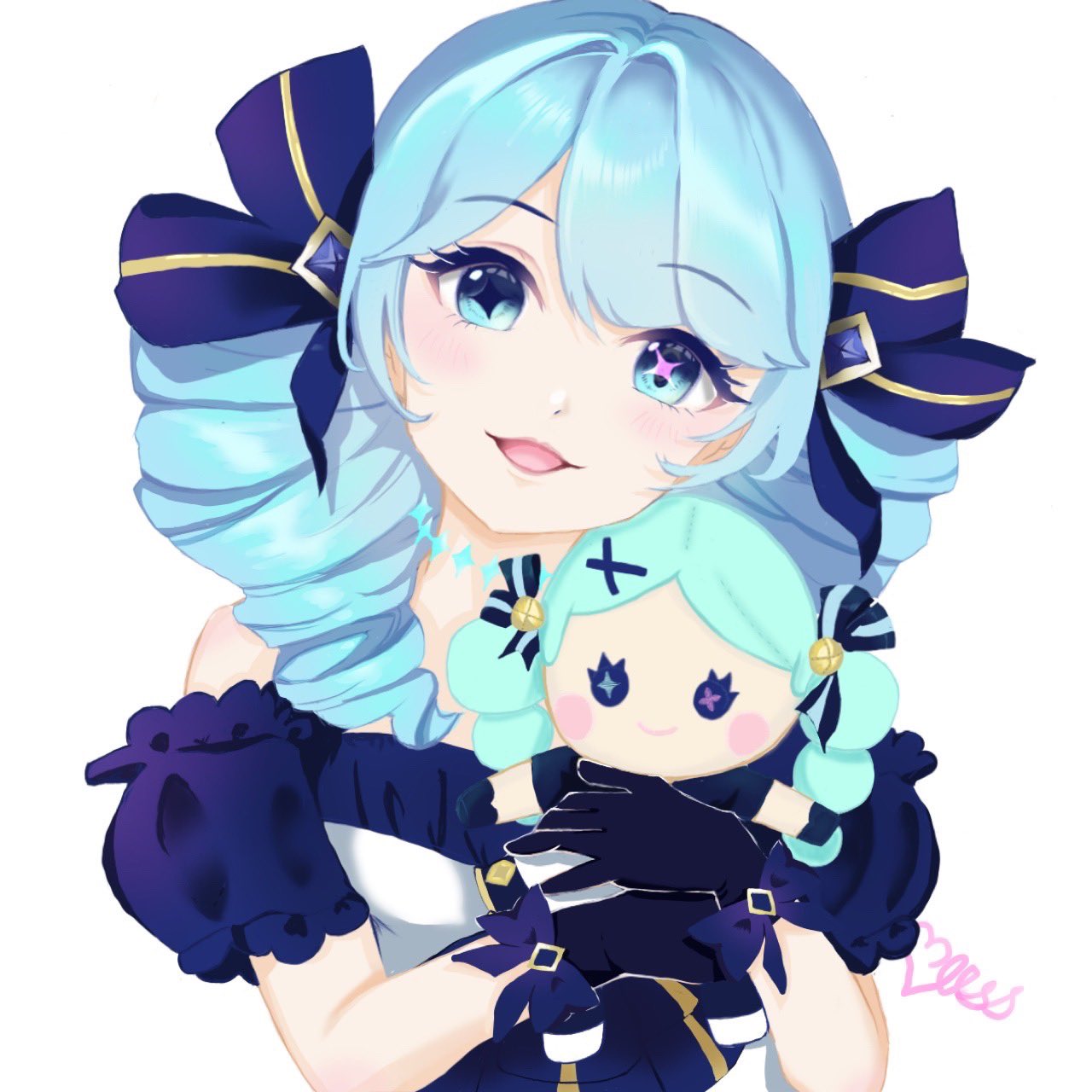 1girl :d bare_shoulders black_bow black_gloves black_sleeves bow breasts character_doll detached_sleeves doll doll_hug dress drill_hair gloves green_eyes green_hair gwen_(league_of_legends) hair_bow highres holding holding_doll league_of_legends long_hair object_hug ra_busan smile solo twin_drills twintails
