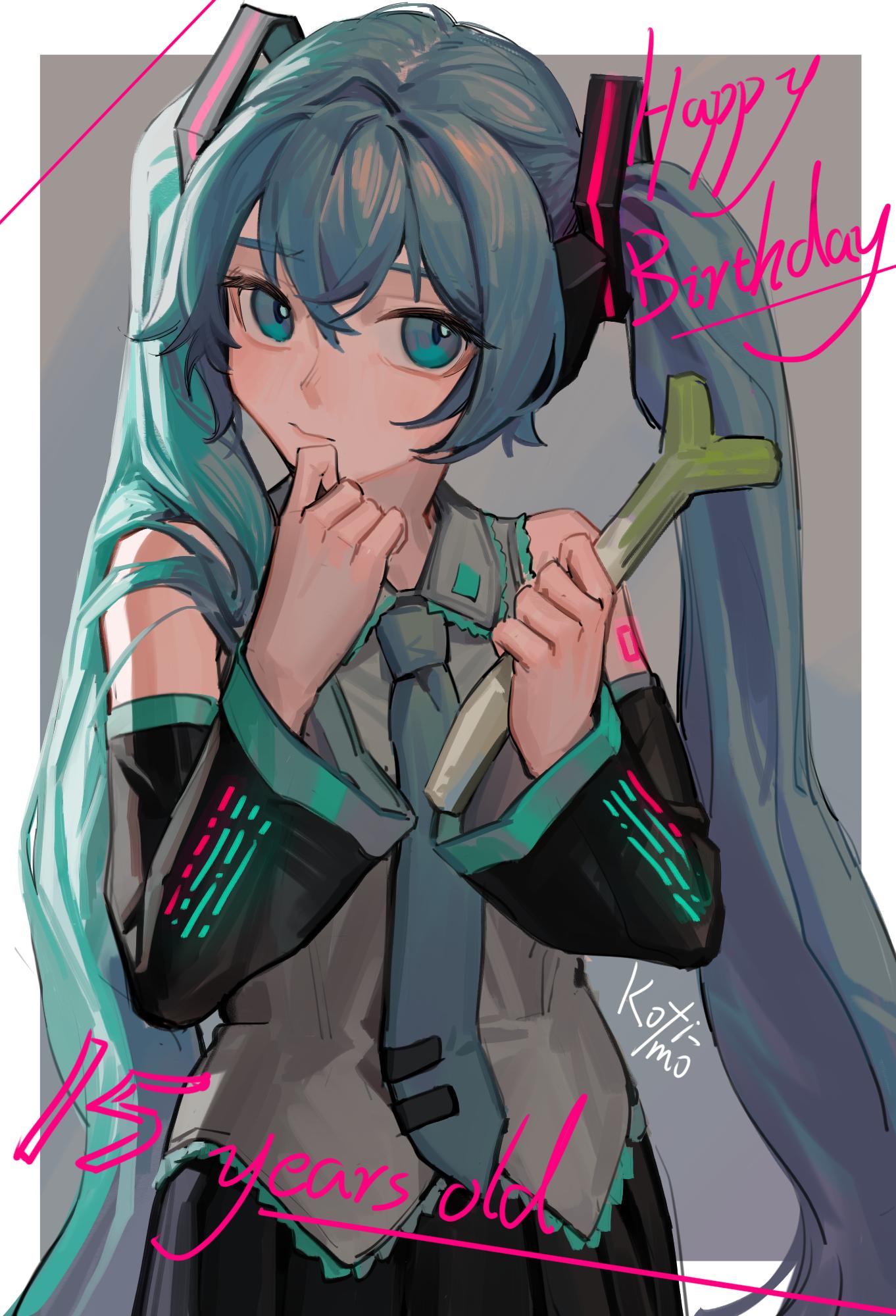 1girl artist_name bare_arms black_skirt black_sleeves border closed_mouth collared_shirt detached_sleeves finger_to_own_chin food green_eyes green_hair green_necktie grey_background grey_shirt hair_ornament hands_up happy_birthday hatsune_miku highres holding holding_food holding_spring_onion holding_vegetable kofi-mo long_hair long_sleeves looking_to_the_side necktie outside_border pleated_skirt shirt shoulder_tattoo signature skirt sleeveless sleeveless_shirt solo spring_onion tattoo twintails upper_body vegetable very_long_hair vocaloid white_border