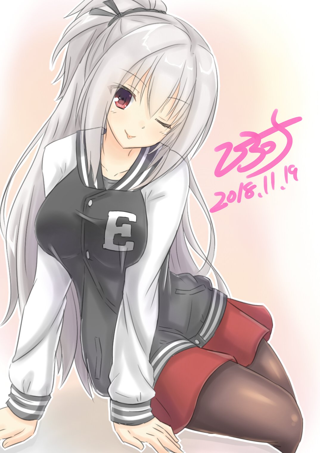 1girl 2018 :p arm_support black_jacket black_pantyhose black_ribbon blush breasts casual closed_mouth collarbone commentary_request dated dracu-riot! elena_olegovna_owen eyes_visible_through_hair grey_hair hair_between_eyes hair_ribbon half_updo head_tilt highres hirocchi jacket large_breasts long_hair long_sleeves looking_at_viewer miniskirt multicolored_clothes multicolored_jacket one_eye_closed pantyhose pink_background red_eyes red_skirt ribbon short_ponytail signature simple_background sitting sketch skirt smile solo tongue tongue_out two-tone_jacket very_long_hair white_jacket