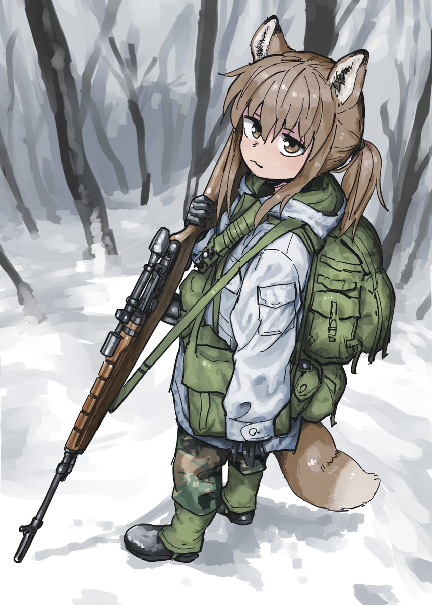 1girl animal_ears backpack bag brown_eyes camouflage camouflage_jacket forest gloves gun highres jacket looking_at_viewer messenger_bag nature original ponytail rifle shoulder_bag sniper_rifle snow solo tail weapon winter_clothes yihan_world