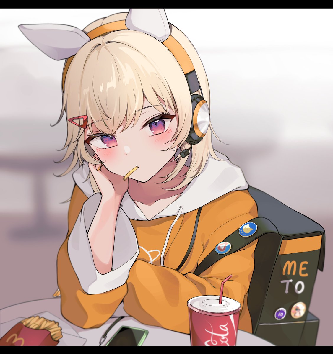 1girl animal_ear_headphones animal_ears backpack bag blonde_hair blurry blurry_background chips_(food) coca-cola drawstring eating elbow_rest facial_mark fake_animal_ears food french_fries hair_ornament hairclip hand_on_own_cheek hand_on_own_face head_rest headphones highres hood hoodie jacket komori_met long_sleeves looking_at_viewer mcdonald's medium_hair mouth_hold nomo_(no_mo) orange_hoodie solo swept_bangs triangle_facial_mark violet_eyes virtual_youtuber vspo! white_hood