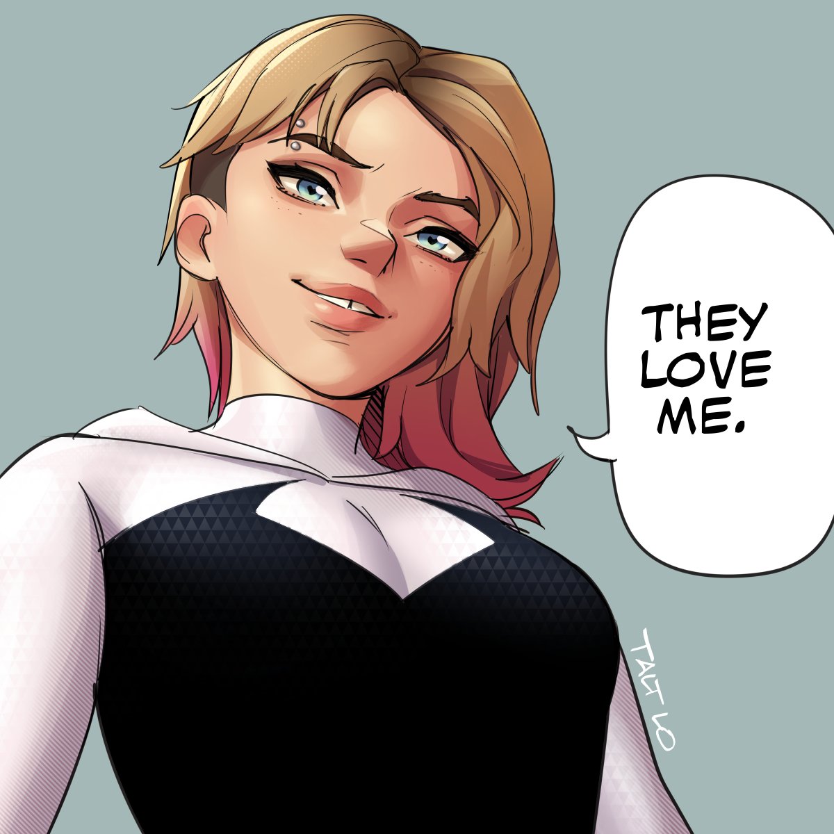 1girl blonde_hair blue_eyes bully_maguire_(meme) english_text highres looking_down marvel meme multicolored_hair pink_hair shaved_head smile solo spider-gwen spider-man:_into_the_spider-verse spider-man_(series) talt_lo