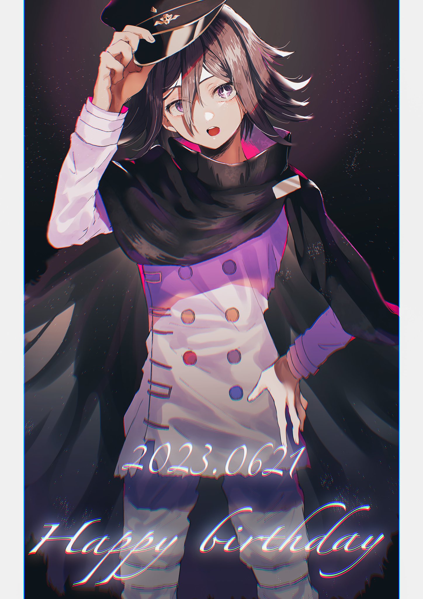 1boy arm_up black_cape black_headwear brown_hair buttons cape checkered_clothes checkered_scarf cowboy_shot danganronpa_(series) danganronpa_v3:_killing_harmony dated double-breasted grey_jacket grey_pants hair_between_eyes hand_on_own_hip happy_birthday hat hat_removed headwear_removed highres holding holding_clothes holding_hat jacket long_sleeves looking_at_viewer male_focus multicolored_background oma_kokichi open_mouth pants ri_(r_ii_0z) scarf short_hair solo torn_cape torn_clothes violet_eyes