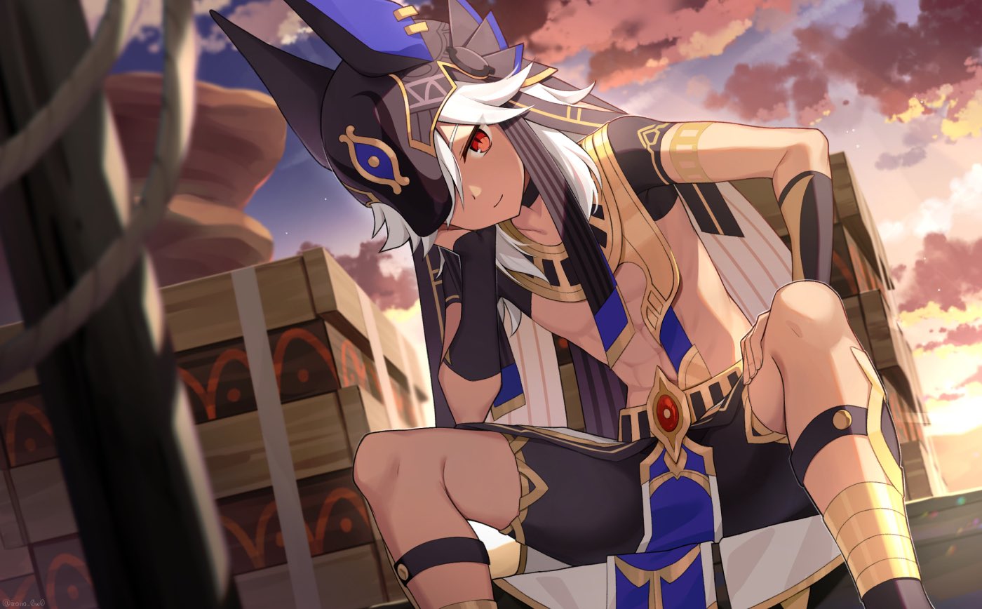 1boy abs animal_ears animal_hat belt black_choker black_gloves black_headwear black_ribbon black_shorts blurry blurry_foreground choker closed_mouth clouds cloudy_sky commentary_request crop_top cyno_(genshin_impact) dark-skinned_male dark_skin desert egyptian_clothes fake_animal_ears feet_out_of_frame fingerless_gloves genshin_impact gloves gold_trim gradient_sky hair_over_one_eye hand_up hat head_rest iroiro_0w0 jackal_ears long_hair looking_at_viewer male_focus one_eye_covered outdoors parted_bangs pelvic_curtain red_eyes ribbon short_sleeves shorts sitting sky smile solo sun sunset swept_bangs usekh_collar white_hair wooden_box