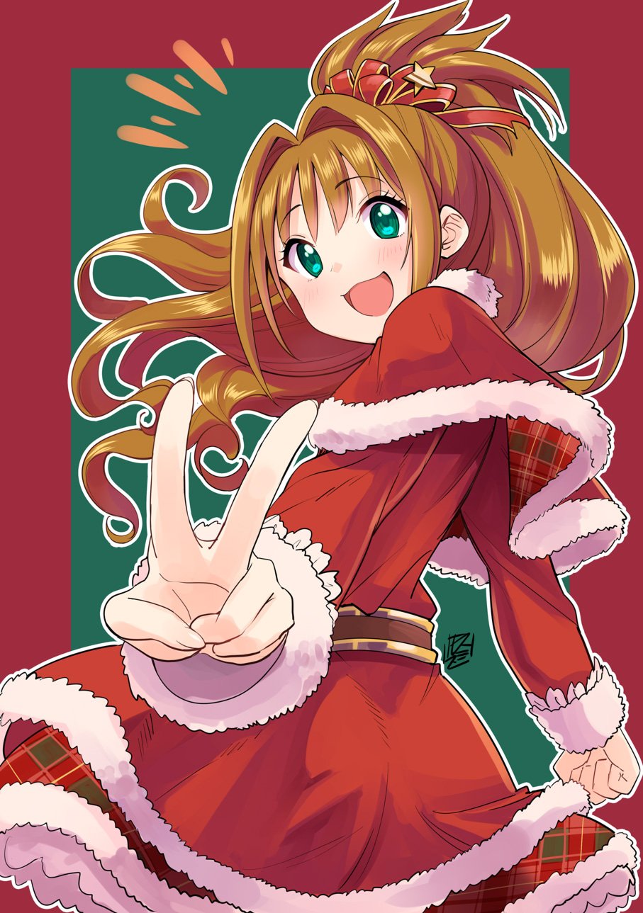 1girl :d bow breasts brown_hair capelet christmas clenched_hand dot_nose dress from_behind fur-trimmed_capelet fur-trimmed_skirt fur-trimmed_sleeves fur_trim green_eyes grid_background hair_bow hair_ribbon high_ponytail highres hino_akane_(idolmaster) idolmaster idolmaster_cinderella_girls idolmaster_cinderella_girls_starlight_stage long_hair long_sleeves looking_at_viewer looking_back medium_breasts open_mouth plaid plaid_skirt ponytail reaching reaching_towards_viewer red_capelet red_dress red_ribbon ribbon santa_dress signature skirt smile smirs solo two-tone_background v