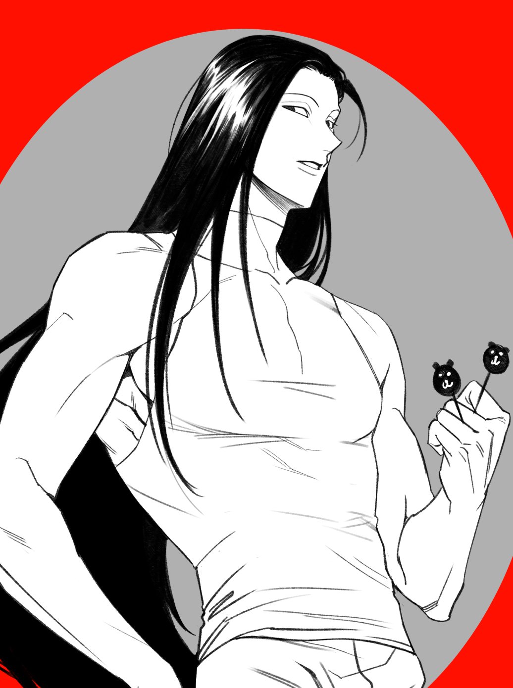 1boy bare_shoulders black_eyes black_hair expressionless grey_background highres holding holding_needle hunter_x_hunter iamgaegeoji illumi_zoldyck long_hair looking_at_viewer male_focus muscular muscular_male needle partially_colored pin red_background sleeveless two-tone_background upper_body