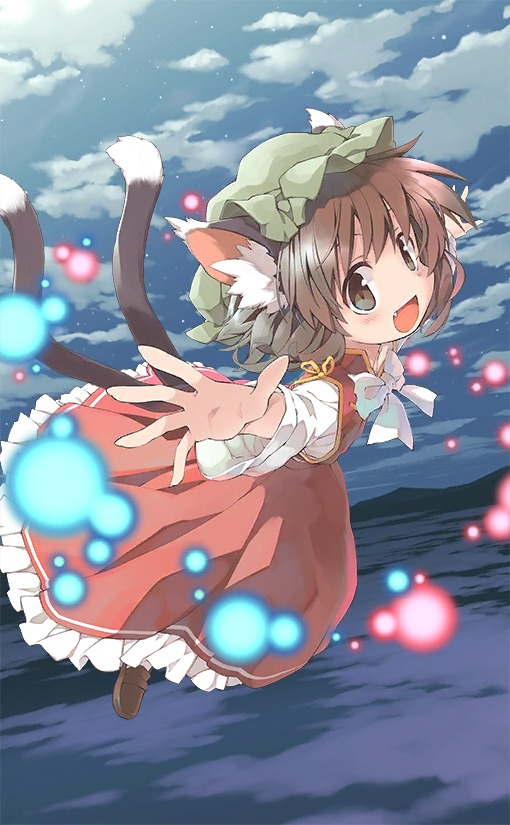 animal_ear_fluff animal_ears bow bowtie brown_eyes brown_footwear brown_hair cat_ears cat_tail chen clouds cloudy_sky danmaku fang flying frilled_hat frilled_skirt frills green_headwear hat loafers long_sleeves looking_at_viewer mob_cap mountain multiple_tails nekoguruma nekomata night official_art open_mouth outdoors outstretched_arms red_skirt red_vest shoes short_hair skirt skirt_set sky sleeve_bow smile star_(sky) tail touhou touhou_cannonball two_tails vest white_bow white_bowtie white_sleeves white_trim yellow_bow