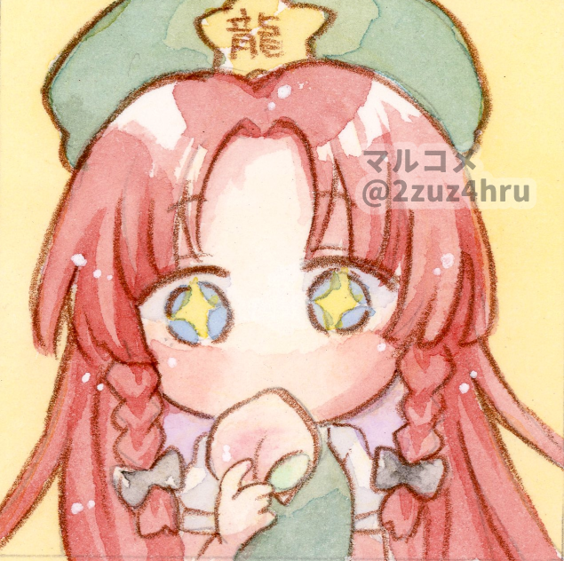 +_+ 1girl 2zuz4hru beret blue_eyes braid chibi commentary_request eating food forehead fruit hat hat_ornament hong_meiling long_hair parted_bangs peach redhead solo star_(symbol) star_hat_ornament touhou twin_braids upper_body yellow_background