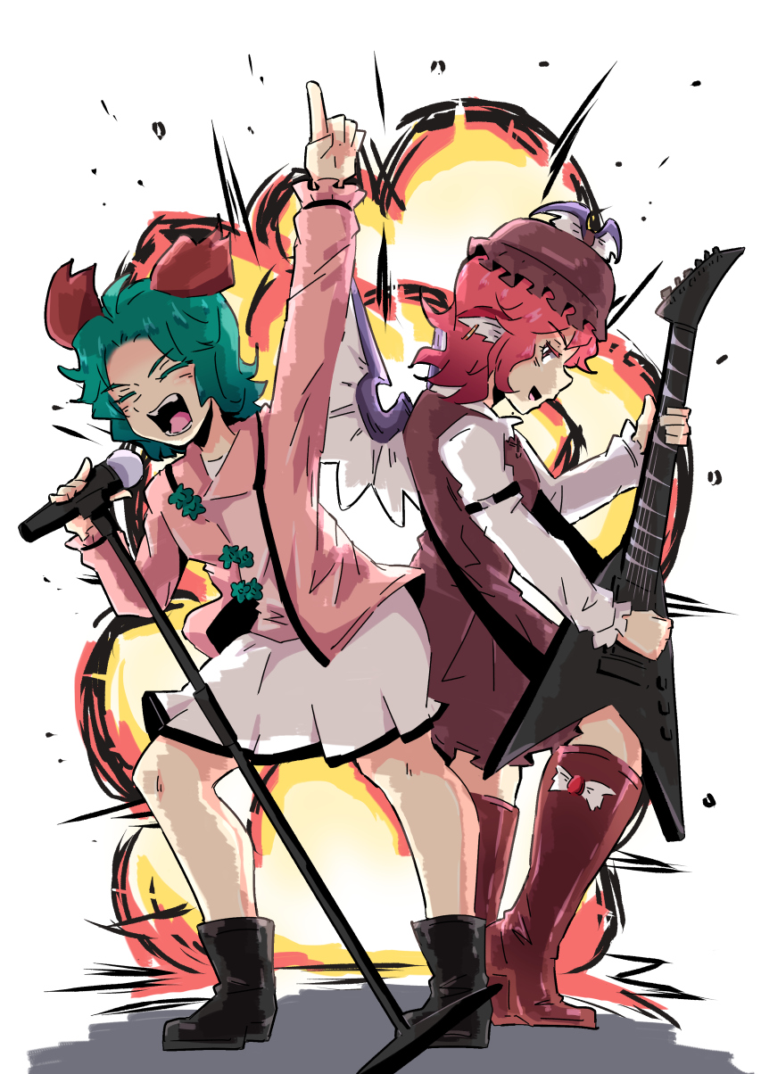 2girls animal_ears bird_ears black_footwear brown_dress brown_footwear brown_headwear choujuu_gigaku closed_mouth commentary dog_ears dress electric_guitar explosion green_hair guitar highres holding holding_microphone instrument kasodani_kyouko long_sleeves looking_at_another microphone microphone_stand multiple_girls mystia_lorelei open_mouth pink_eyes pink_hair sakamoto_fred simple_background skirt touhou white_background white_skirt winged_hat