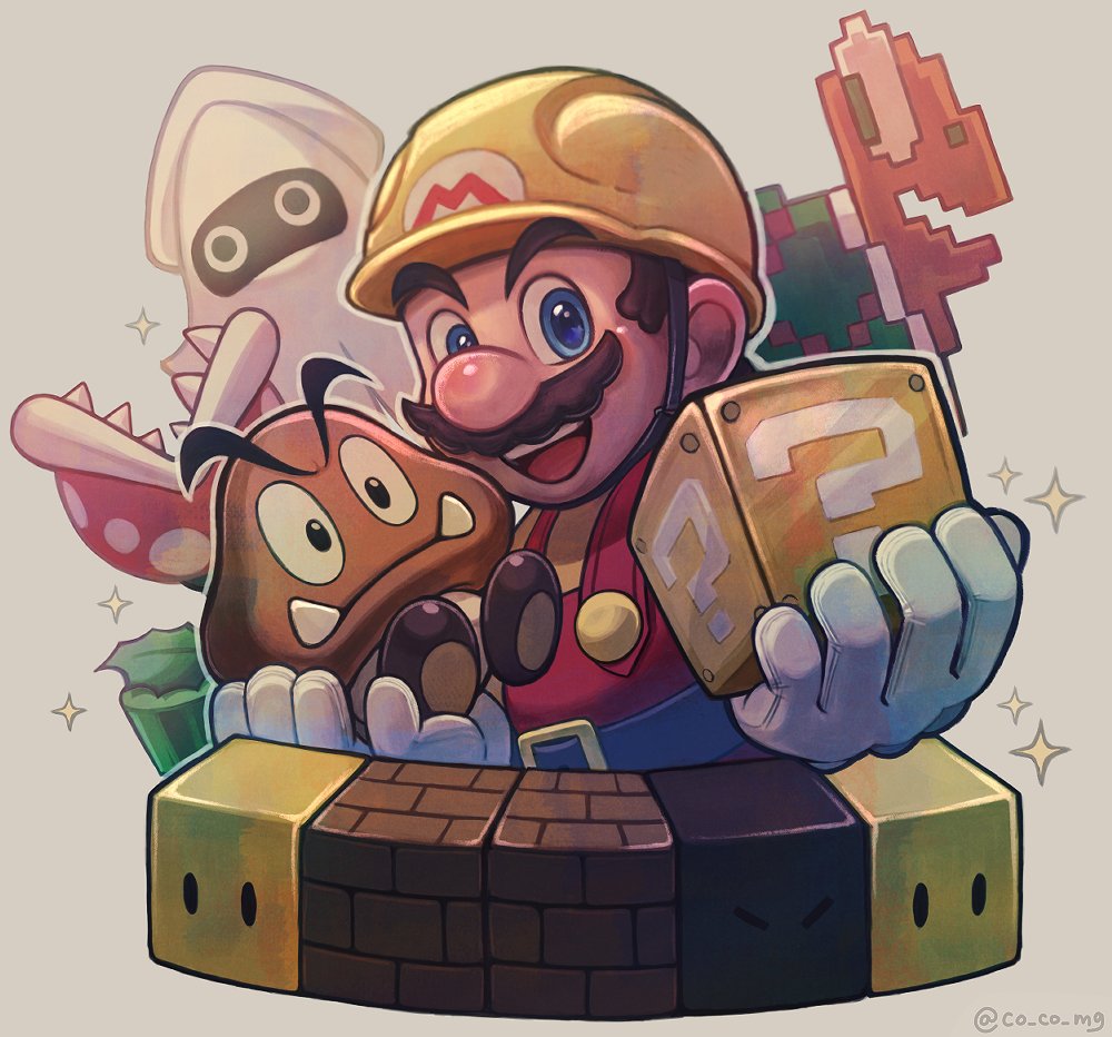 1boy :d ?_block artist_name block_(mario) block_(object) blooper_(mario) blue_eyes brown_hair builder_mario buttons closed_mouth co_co_mg commentary_request facial_hair gloves goomba grey_background hands_up hardhat hat helmet holding koopa_troopa looking_at_viewer mario mustache open_mouth overalls piranha_plant red_overalls rotating_block sharp_teeth shirt short_hair simple_background smile sparkle super_mario_bros. super_mario_maker teeth tusks twitter_username upper_teeth_only v-shaped_eyebrows white_gloves yellow_headwear yellow_shirt