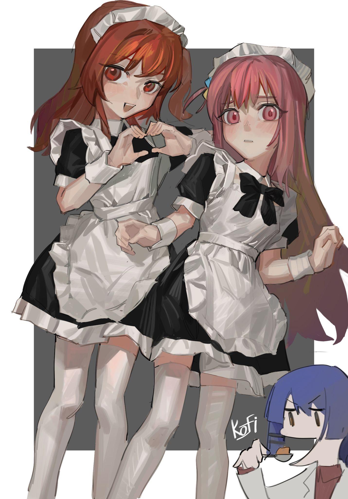 3girls :d apron artist_name black_bow black_bowtie black_dress blue_eyes blush bocchi_the_rock! border bow bowtie collared_dress cube_hair_ornament dress dutch_angle eating frilled_apron frills gotou_hitori grey_background hair_ornament hands_up heart heart_hands highres holding holding_spoon kita_ikuyo kofi-mo long_hair looking_at_viewer maid maid_apron maid_headdress multiple_girls one_side_up outside_border parted_lips pink_eyes pink_hair puffy_sleeves red_eyes redhead short_dress signature smile spoon teeth thigh-highs upper_teeth_only white_apron white_border white_thighhighs wrist_cuffs yamada_ryou
