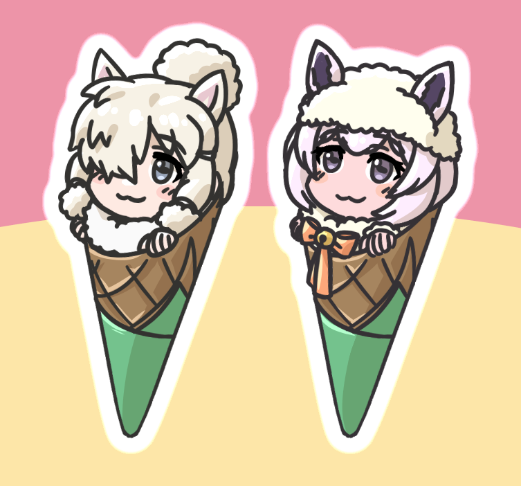 2girls :3 acesrulez alpaca_ears alpaca_huacaya_(kemono_friends) alpaca_suri_(kemono_friends) animal_ears bell blonde_hair blue_eyes blush_stickers bow bowtie chibi closed_mouth commentary ears_through_headwear fur_collar fur_hat hair_over_one_eye hat horizontal_pupils ice_cream_cone kemono_friends long_bangs looking_up medium_hair mini_person minigirl multiple_girls parted_bangs photo-referenced pink_bow smile symbol-only_commentary violet_eyes