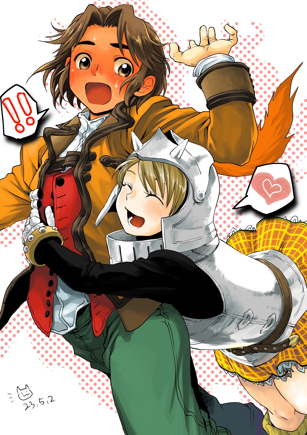 1boy 1girl armor armored_dress artist_request belt blonde_hair blush breastplate brown_hair cecile_(suikoden) closed_eyes coat couple dated feathers full-face_blush gauntlets gensou_suikoden gensou_suikoden_iii gloves helmet hetero highres hug jacket jewelry long_sleeves open_mouth orange_skirt skirt smile thomas_(suikoden) twintails