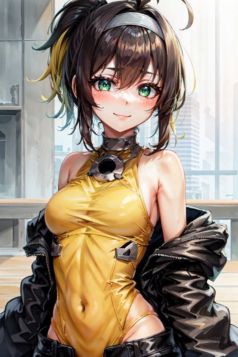 ahoge ai-generated bare_shoulders black_hair elbow_gloves forehead_protector gloves green_eyes haori headphones highres jacket japanese_clothes long_sleeves non-web_source open_clothes open_jacket s-force_rappa_chiyomaru sleeveless sleeveless_turtleneck thigh-highs turtleneck