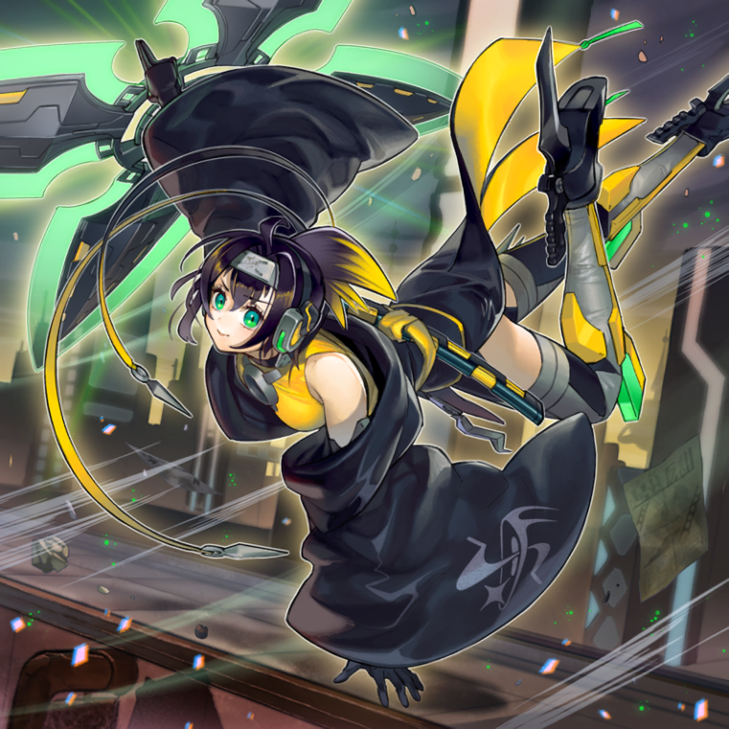 ahoge bare_shoulders black_hair elbow_gloves forehead_protector gloves green_eyes haori headphones jacket japanese_clothes long_sleeves non-web_source open_clothes open_jacket s-force_rappa_chiyomaru sleeveless sleeveless_turtleneck thigh-highs turtleneck yu-gi-oh!