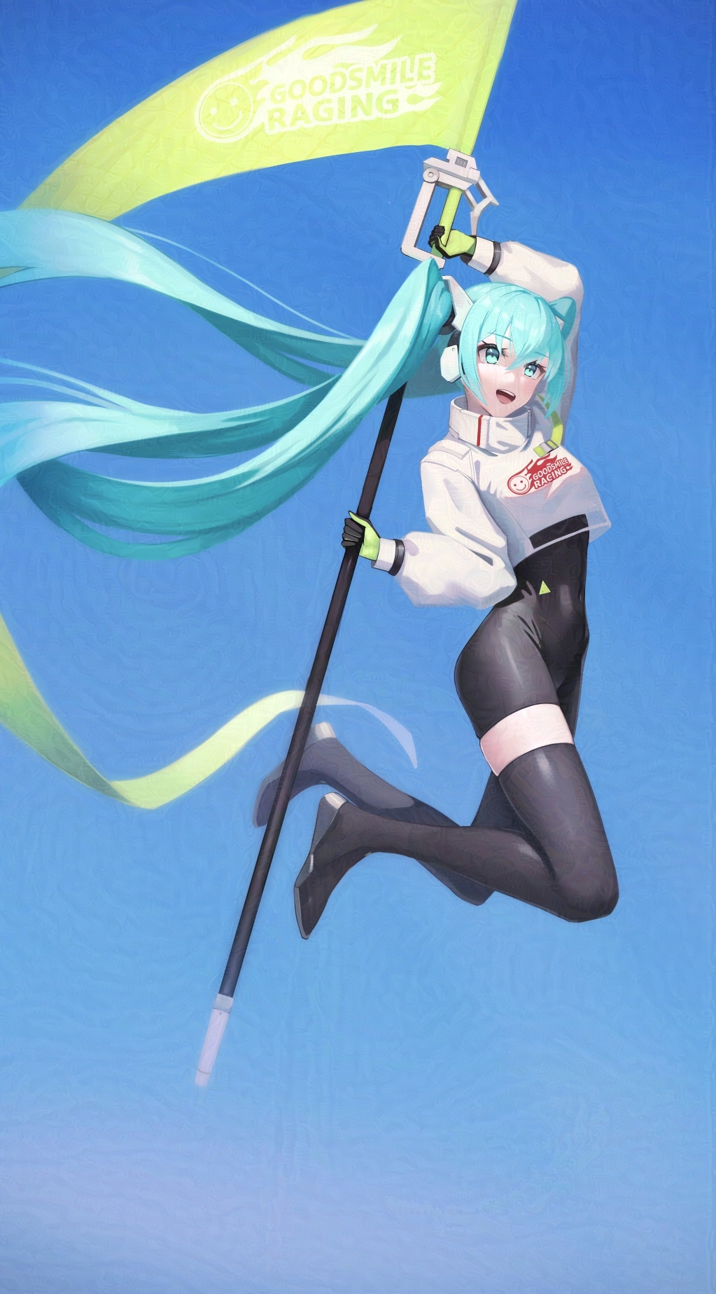 1girl :d absurdly_long_hair afe. banner black_footwear black_gloves black_jumpsuit blue_background blue_hair boots cropped_sweater floating_hair full_body gloves green_eyes green_gloves hair_between_eyes hatsune_miku headphones highres holding jumping jumpsuit leg_up long_hair long_sleeves open_mouth racing_miku racing_miku_(2022) smile solo sweater thigh_boots twintails two-tone_gloves very_long_hair vocaloid white_sweater zettai_ryouiki