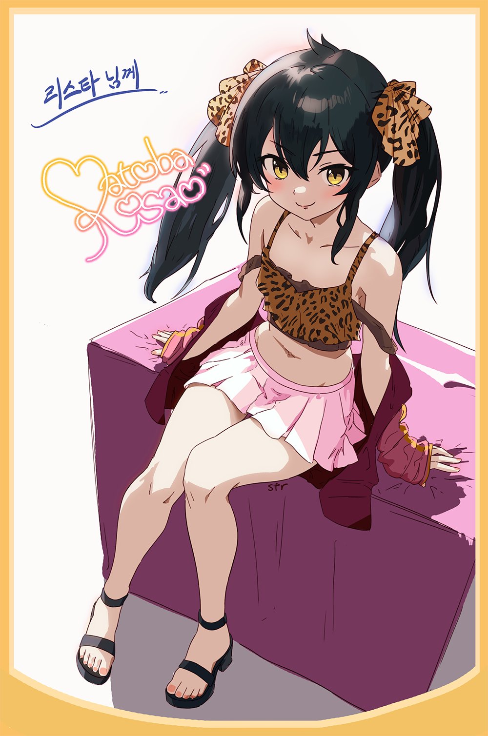 1girl animal_print arm_support black_footwear black_hair blush border character_signature collarbone commentary_request crop_top flat_chest hair_between_eyes hair_ribbon highres idolmaster idolmaster_cinderella_girls idolmaster_cinderella_girls_u149 jacket jacket_partially_removed legs leopard_print long_hair long_sleeves looking_at_viewer matoba_risa matobarista miniskirt nail_polish navel pink_jacket pink_skirt pleated_skirt ribbon sandals sidelocks signature sitting skirt smile solo stomach strap_slip thighs twintails v-shaped_eyebrows white_background yellow_border yellow_eyes