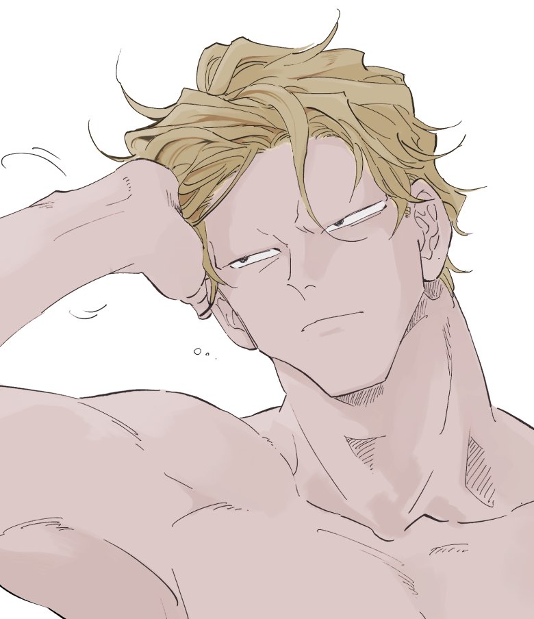 1boy bare_shoulders blonde_hair collarbone hand_on_own_head hunter_x_hunter looking_to_the_side male_focus messy_hair muscular muscular_male nude phinks_magcub scotch525 short_hair simple_background solo upper_body white_background