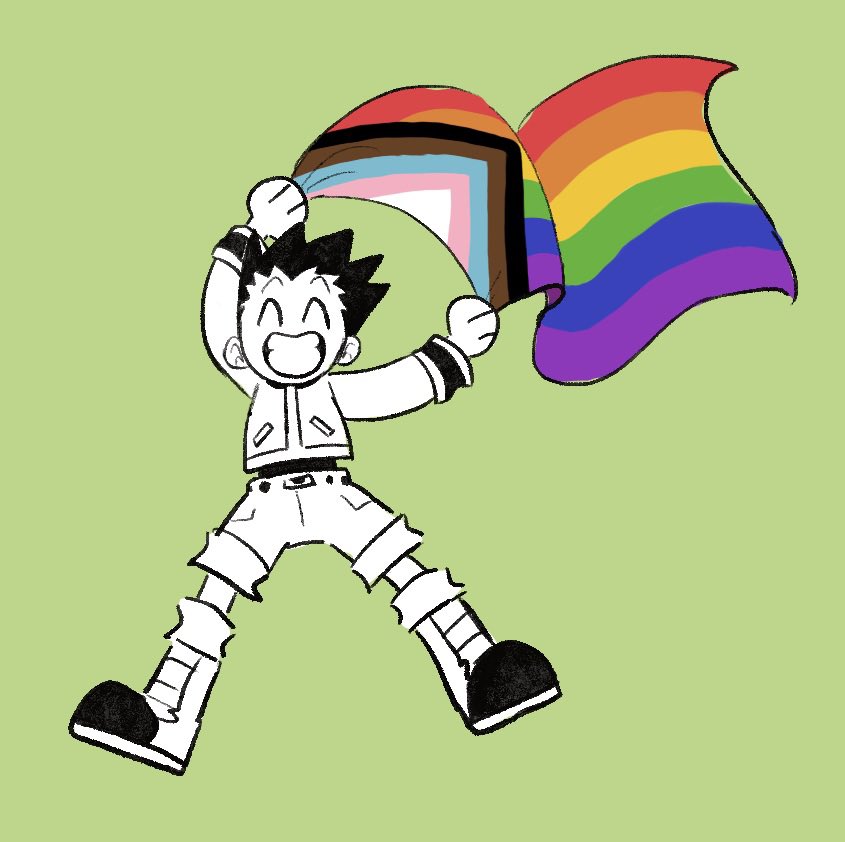 1boy black_hair closed_eyes flag full_body gon_freecss green_background holding holding_flag hunter_x_hunter lgbt_pride long_sleeves male_child male_focus partially_colored pride_month rainbow_flag short_hair shorts simple_background smile spiky_hair tiredhomeboi
