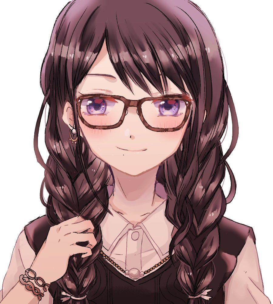 1girl bangle bespectacled black_hair black_vest blush bracelet braid glasses idolmaster idolmaster_shiny_colors jewelry kazano_hiori looking_at_viewer mole mole_under_mouth pin_imas shirt simple_background smile solo twin_braids twintails upper_body vest violet_eyes white_background white_shirt