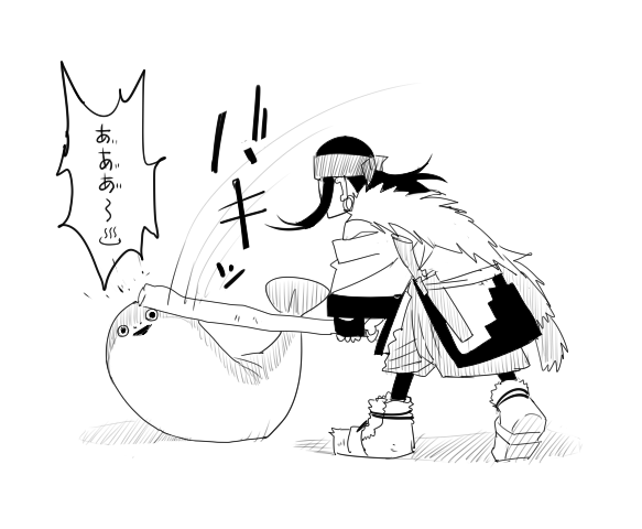 1girl ainu ainu_clothes aosode asirpa asirpa_clubs_the_seal_(meme) bandana cape commentary earrings fish full_body fur_cape golden_kamuy greyscale hitting holding holding_stick hoop_earrings jewelry long_hair long_sleeves meme monochrome motion_lines sacabambaspis short_hair simple_background solo speech_bubble standing stick translated triangle_mouth white_background