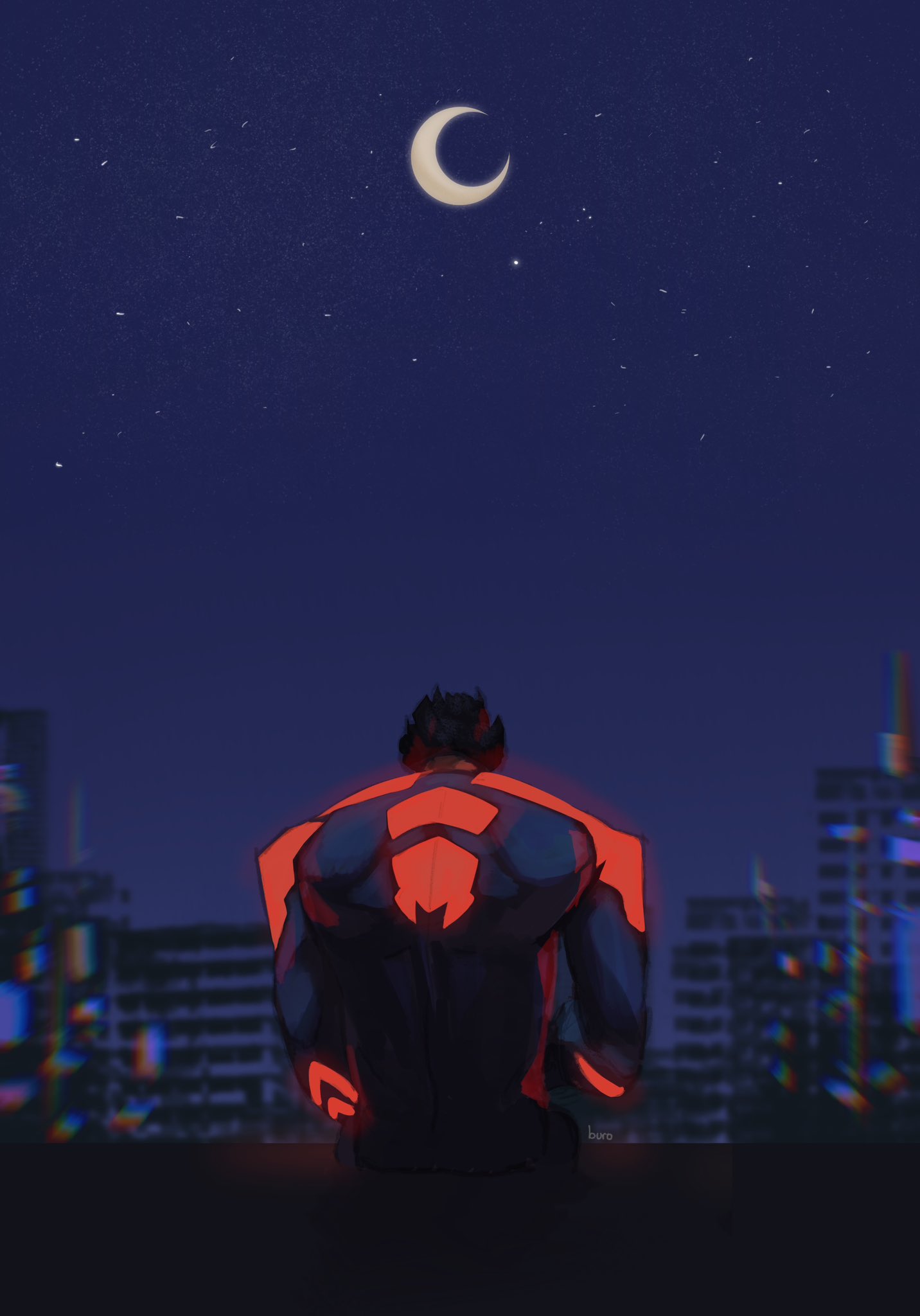 1boy artist_name black_bodysuit bodysuit burobuchan chromatic_aberration city crescent_moon dark english_commentary father's_day glowing glowing_bodysuit highres looking_down male_focus marvel miguel_o'hara moon night night_sky red_bodysuit short_hair sitting sky solo spider-man:_across_the_spider-verse spider-man_(2099) spider-man_(series) star_(sky) starry_sky two-tone_bodysuit
