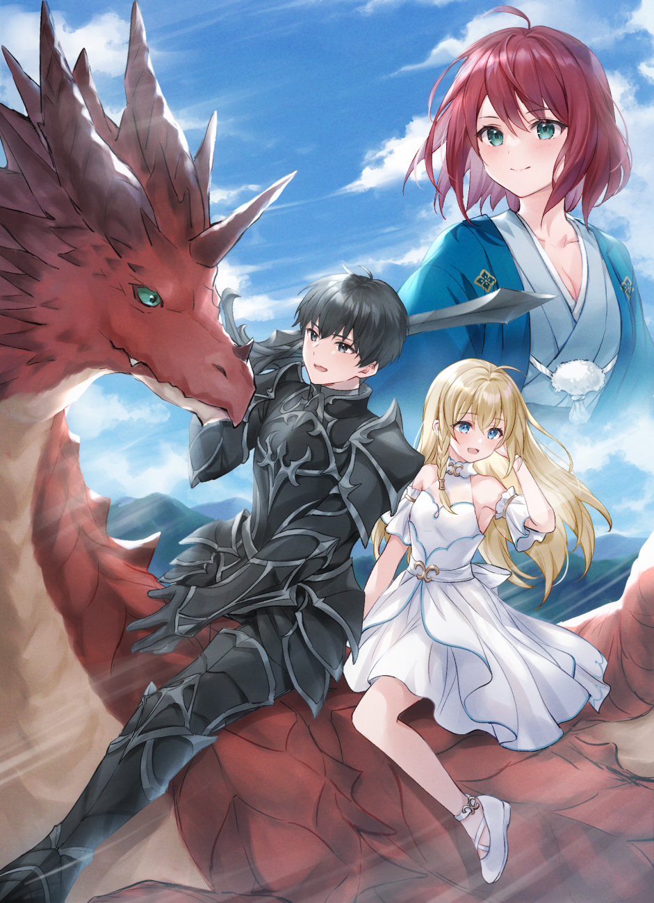 1boy 2girls ahoge armor bare_shoulders black_armor black_eyes black_hair blonde_hair blue_eyes blue_kimono braid breasts closed_mouth clouds cloudy_sky copyright_request day detached_sleeves dragon dragon_riding dress fantasy flying green_eyes hair_between_eyes hand_in_own_hair higeneko highres holding holding_sword holding_weapon japanese_clothes kimono long_hair medium_breasts medium_hair multiple_girls novel_illustration official_art open_mouth outdoors redhead short_hair side_braid sky small_breasts sword weapon white_dress white_footwear