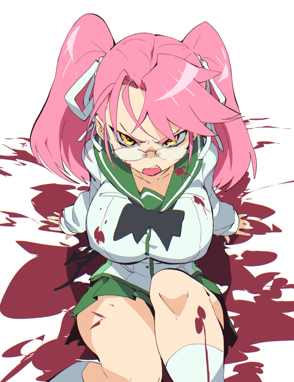 1girl aetherion angry blood breasts forehead glasses highres highschool_of_the_dead looking_at_viewer open_mouth school_uniform skirt socks solo takagi_saya teeth thighs twintails yellow_eyes